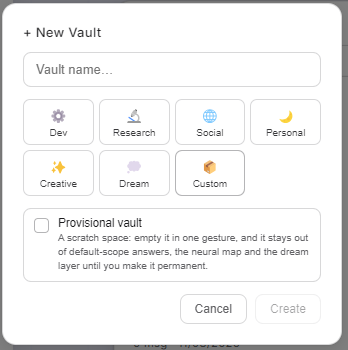App screenshot: "+ New Vault"
