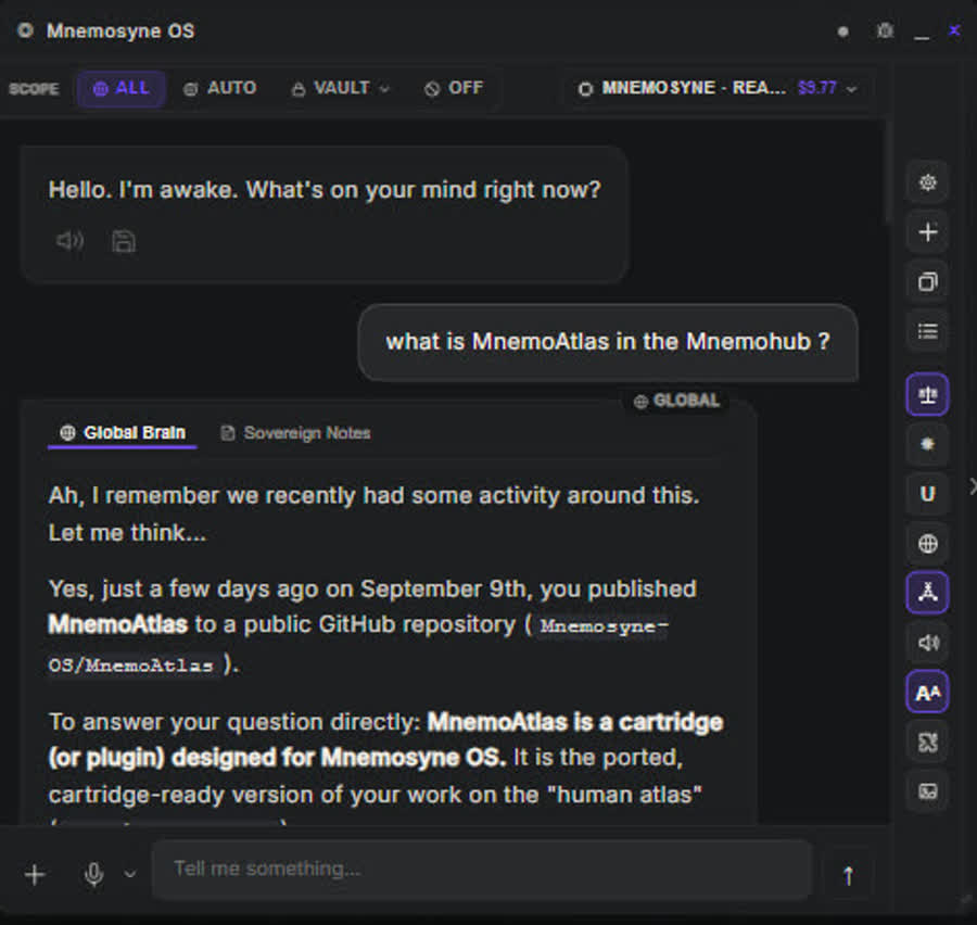 The Mnemosyne OS chat answering a question from the user vaults