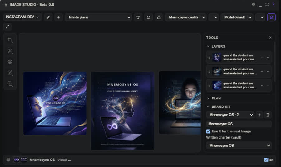 The image studio with its layers panel and brand kit